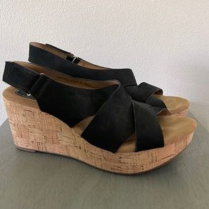 Clark’s black suede wedge